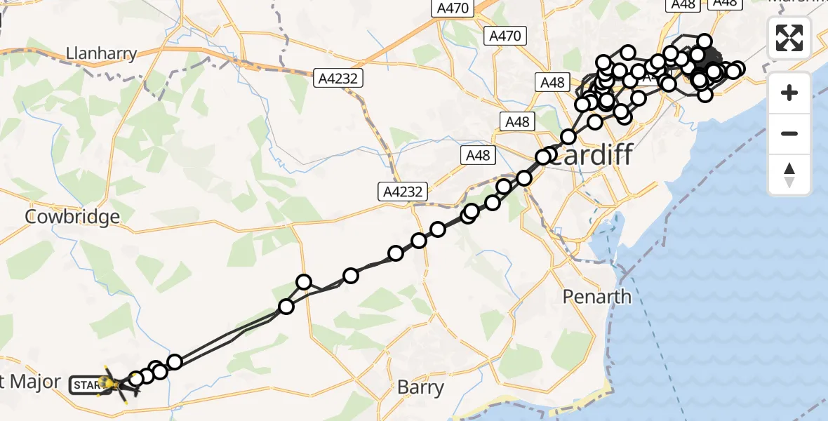 Flight path map showing Police Helicopter route from MOD St Athan to MOD St Athan