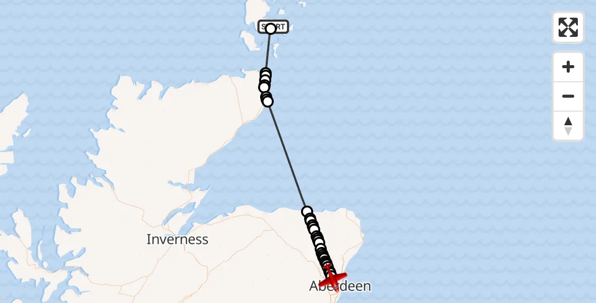 Flight path map showing Air Ambulance Aircraft route from Kirkwall to Aberdeen International Airport