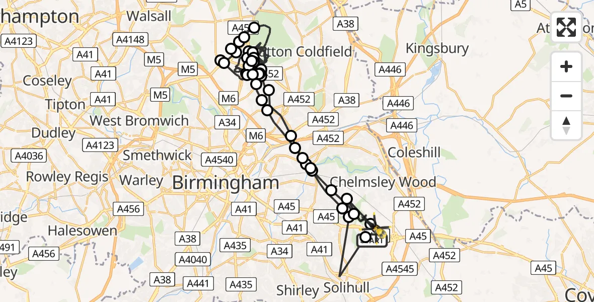 Flight path map showing Police Helicopter route from Birmingham Airport to Birmingham Airport