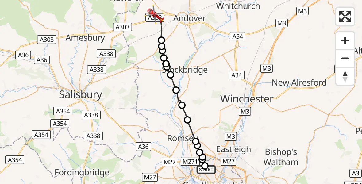 Flight path map showing Air Ambulance Helicopter route from University Hospital Southampton to Thruxton
