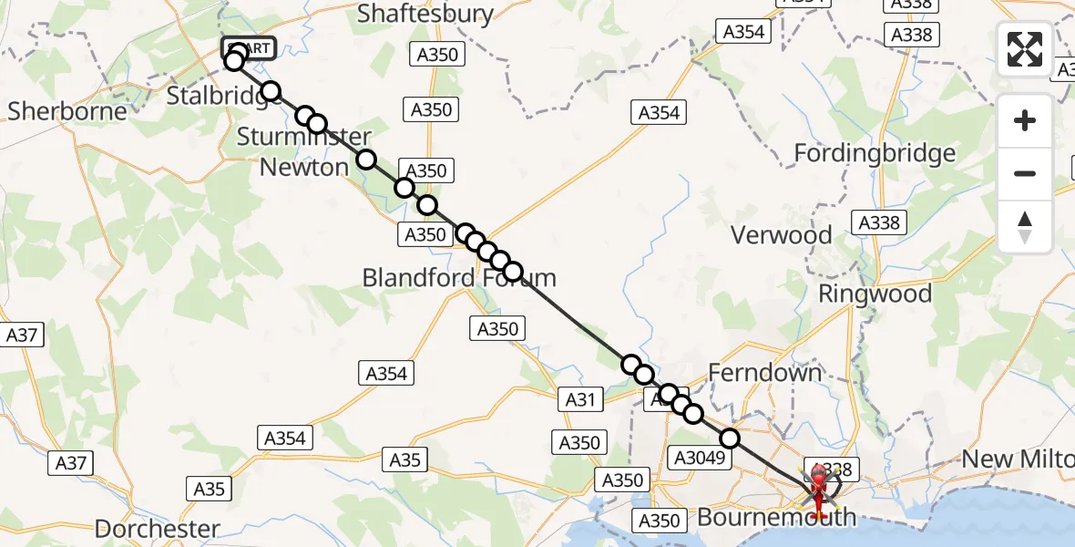 Flight path map showing Air Ambulance Helicopter route from Henstridge Airfield to Bournemouth