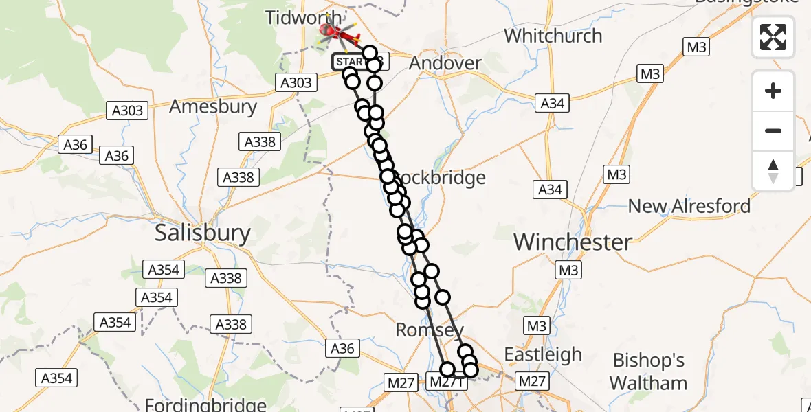 Flight path map showing Air Ambulance Helicopter route from Thruxton Aerodrome to Kimpton