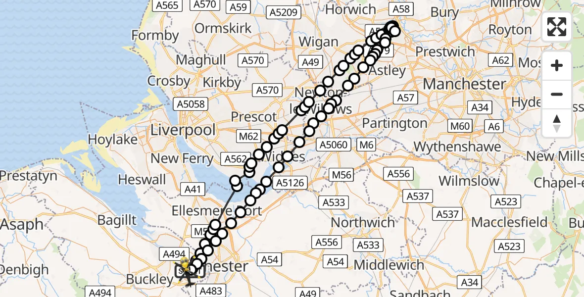 Flight path map showing Police Helicopter route from Hawarden Airport to Hawarden Airport