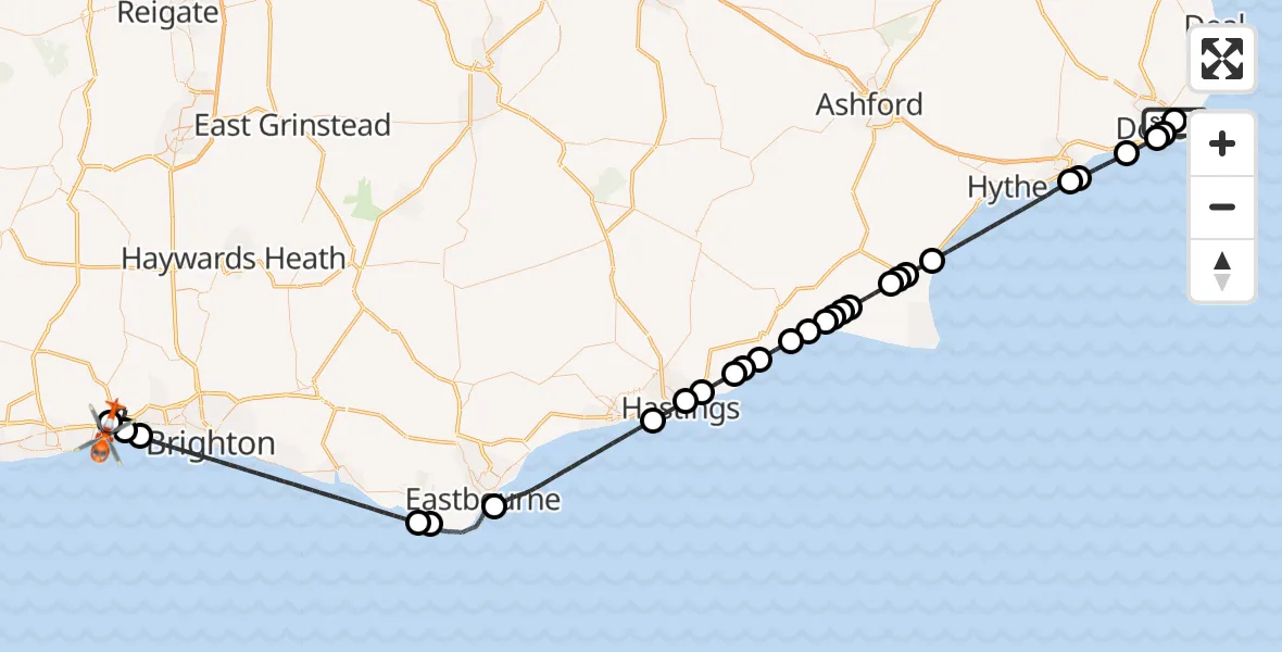 Flight path map showing Coastguard Helicopter route from Langdon Battery Heliport to Brighton City Airport