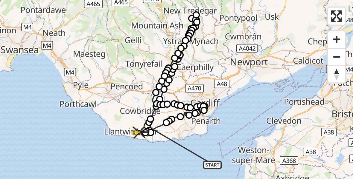 Flight path map showing Police Helicopter route from Bristol Channel to MOD St Athan