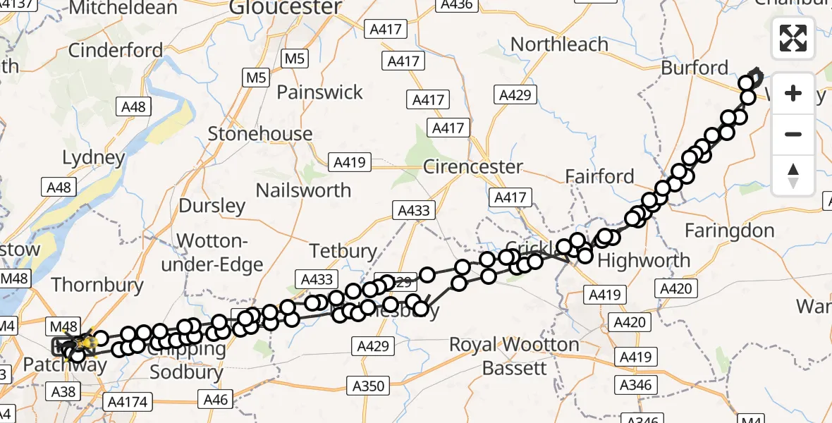 Flight path map showing Police Helicopter route from Almondsbury Helicopter Base to Almondsbury Helicopter Base