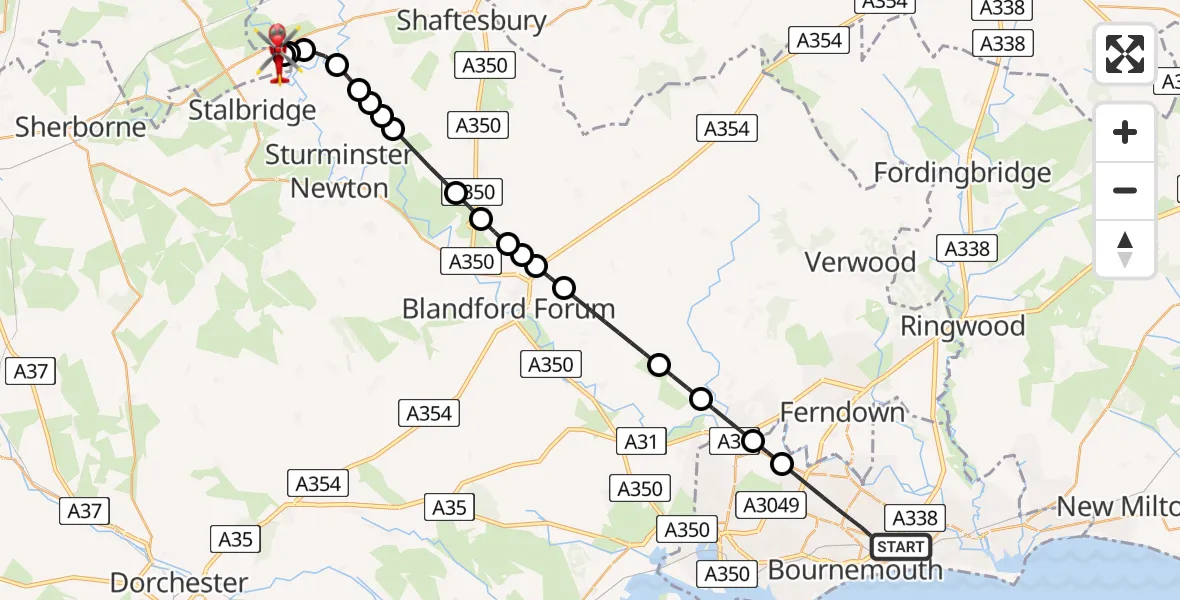Flight path map showing Air Ambulance Helicopter route from Bournemouth to Henstridge Airfield