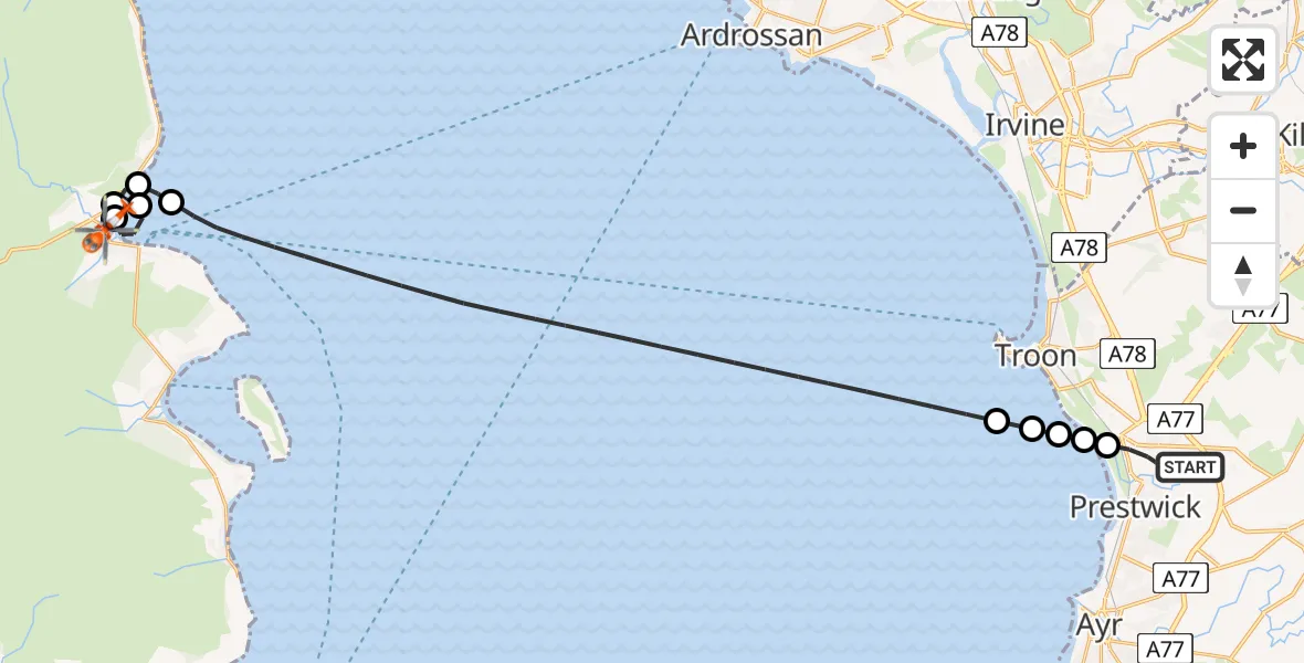Flight path map showing Coastguard Helicopter route from Glasgow Prestwick Airport to Brodick