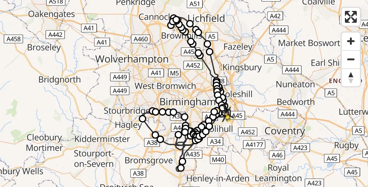 Flight path map showing Police Helicopter route from Sheldon to Birmingham Airport