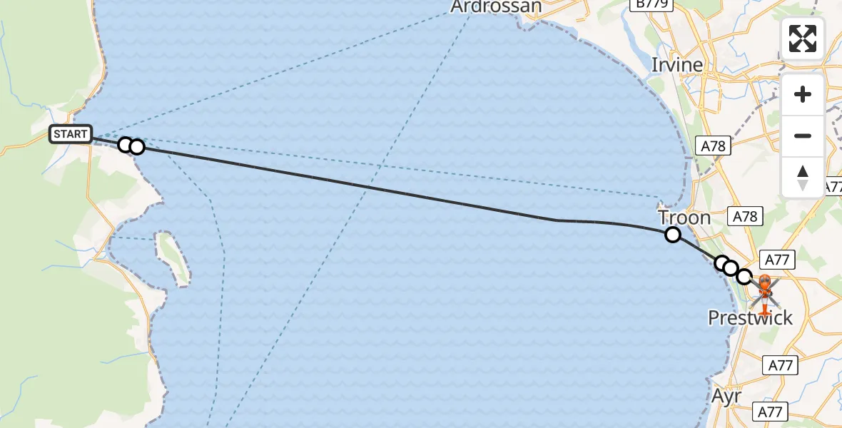 Flight path map showing Coastguard Helicopter route from Brodick to Glasgow Prestwick Airport