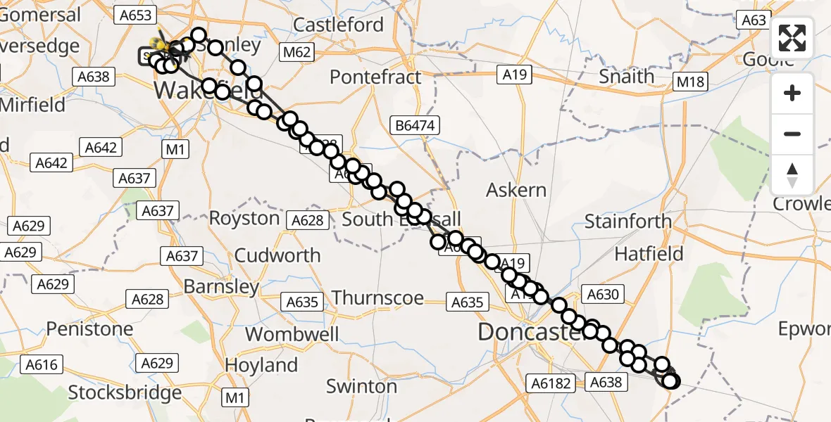Flight path map showing Police Helicopter route from East Ardsley to East Ardsley