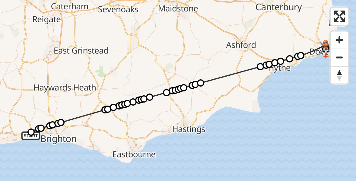 Flight path map showing Coastguard Helicopter route from Brighton City Airport to Langdon Battery Heliport