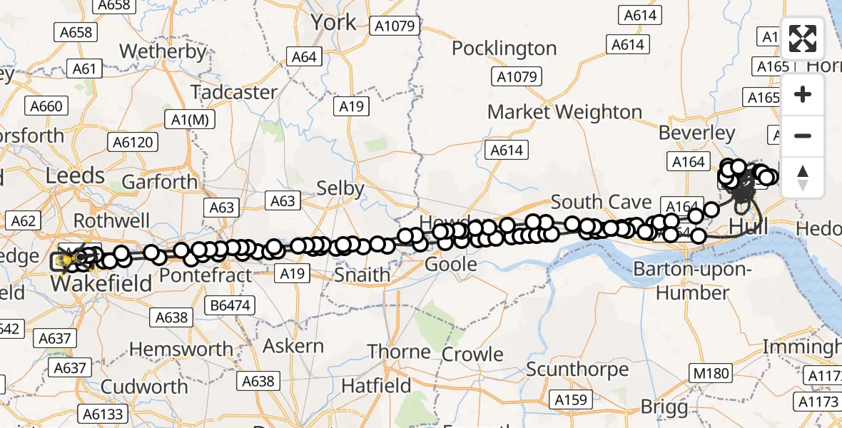 Flight path map showing Police Helicopter route from East Ardsley to East Ardsley