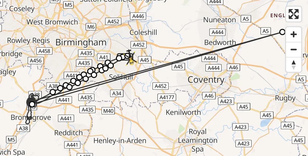 Flight path map showing Police Helicopter route from Birmingham Airport to Birmingham Airport