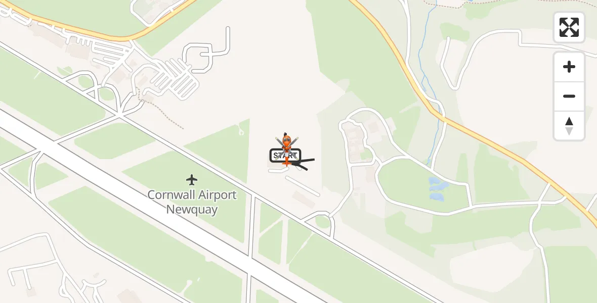 Flight path map showing Coastguard Helicopter route from Cornwall Airport Newquay to Cornwall Airport Newquay