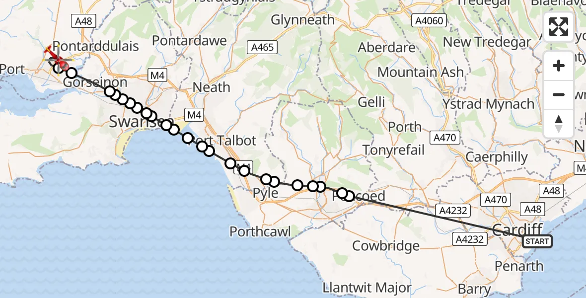 Flight path map showing Air Ambulance Helicopter route from Cardiff Heliport to Dafen