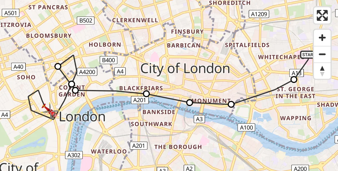Flight path map showing Air Ambulance Helicopter route from Royal London Hospital to City of Westminster