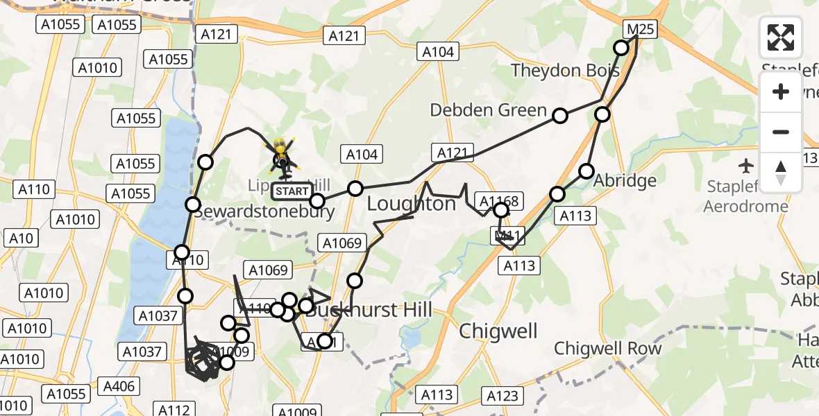 Flight path map showing Police Helicopter route from Metropolitan Police Air Support Unit Lippitts Hill to Metropolitan Police Air Support Unit Lippitts Hill