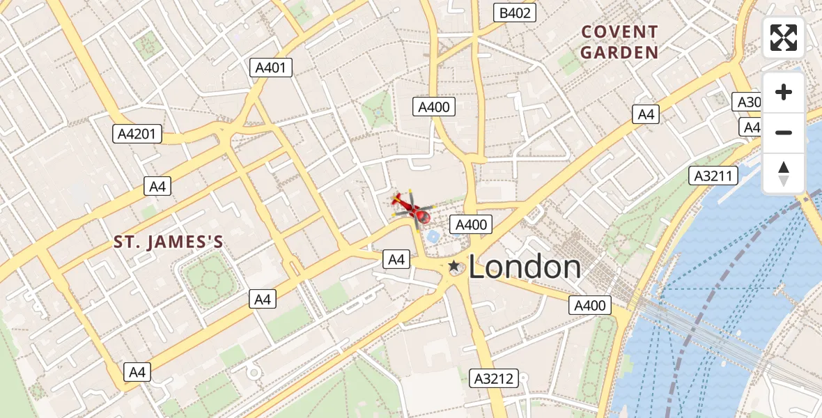 Flight path map showing Air Ambulance Helicopter route from City of Westminster to City of Westminster