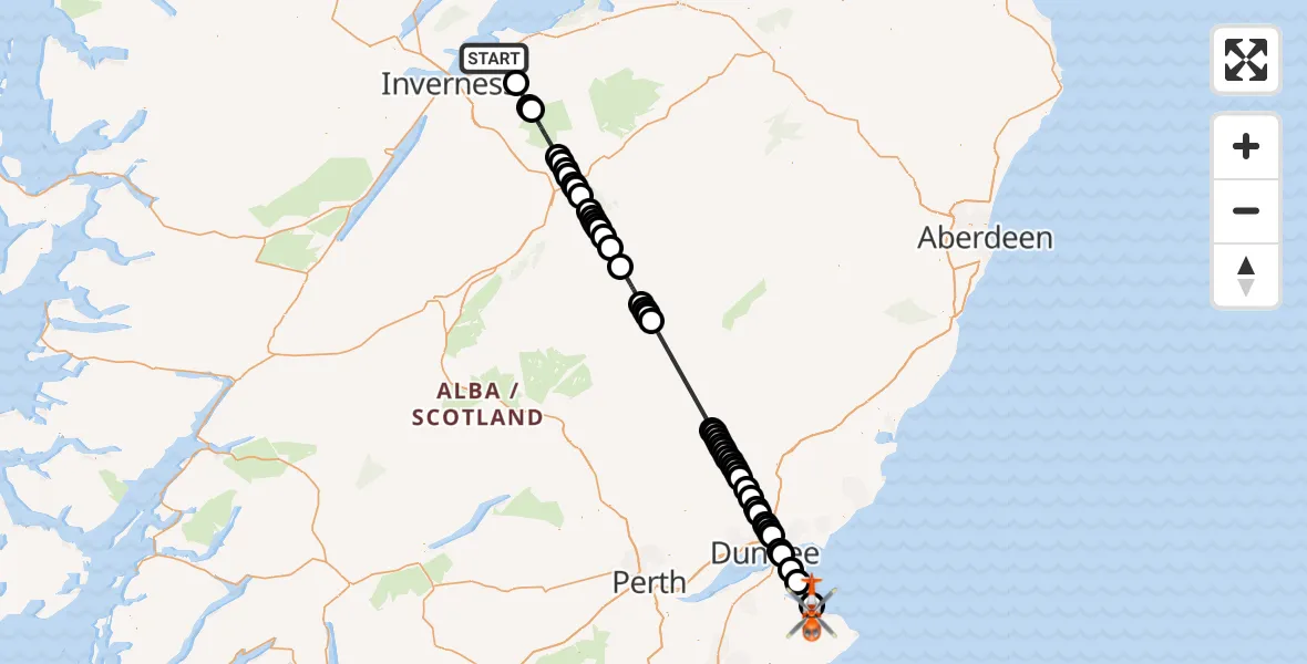 Flight path map showing Coastguard Helicopter route from Inverness Airport to St Andrews