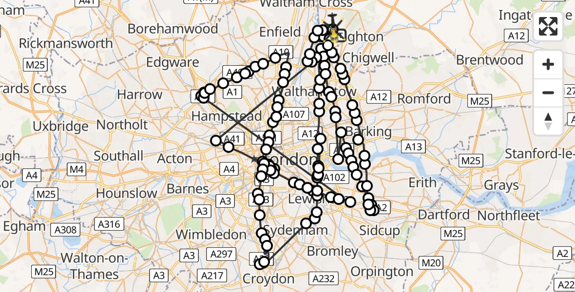 Flight path map showing Police Helicopter route from Sewardstonebury to Sewardstonebury