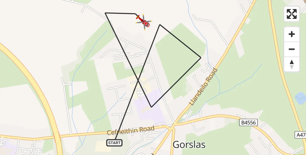 Flight path map showing Air Ambulance Helicopter route from Gorslas to Gorslas