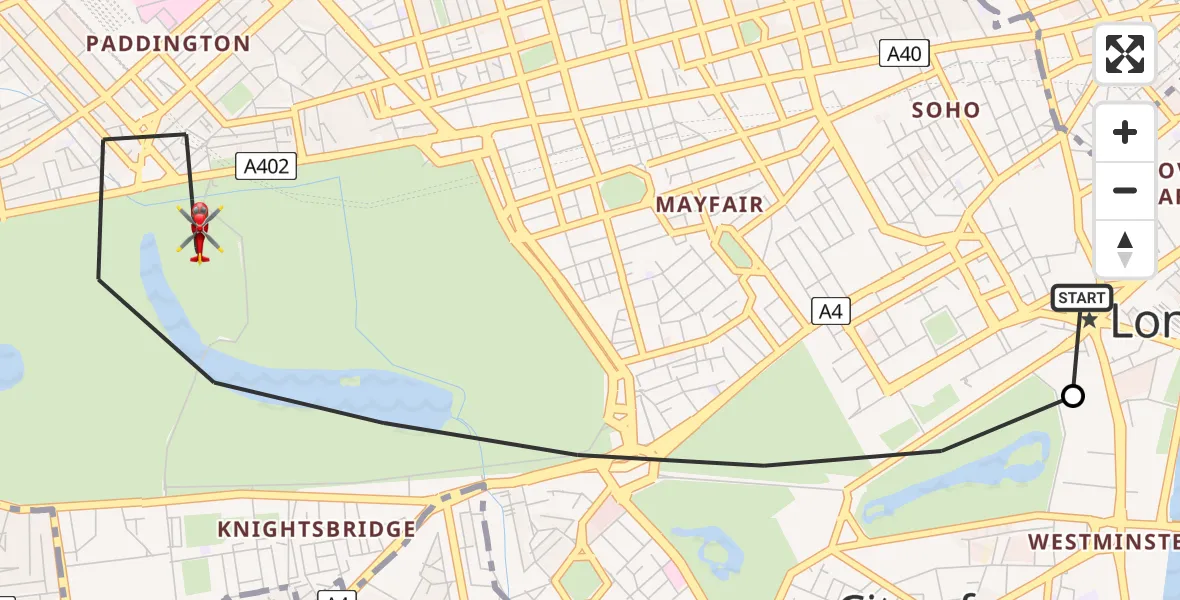 Flight path map showing Air Ambulance Helicopter route from City of Westminster to City of Westminster