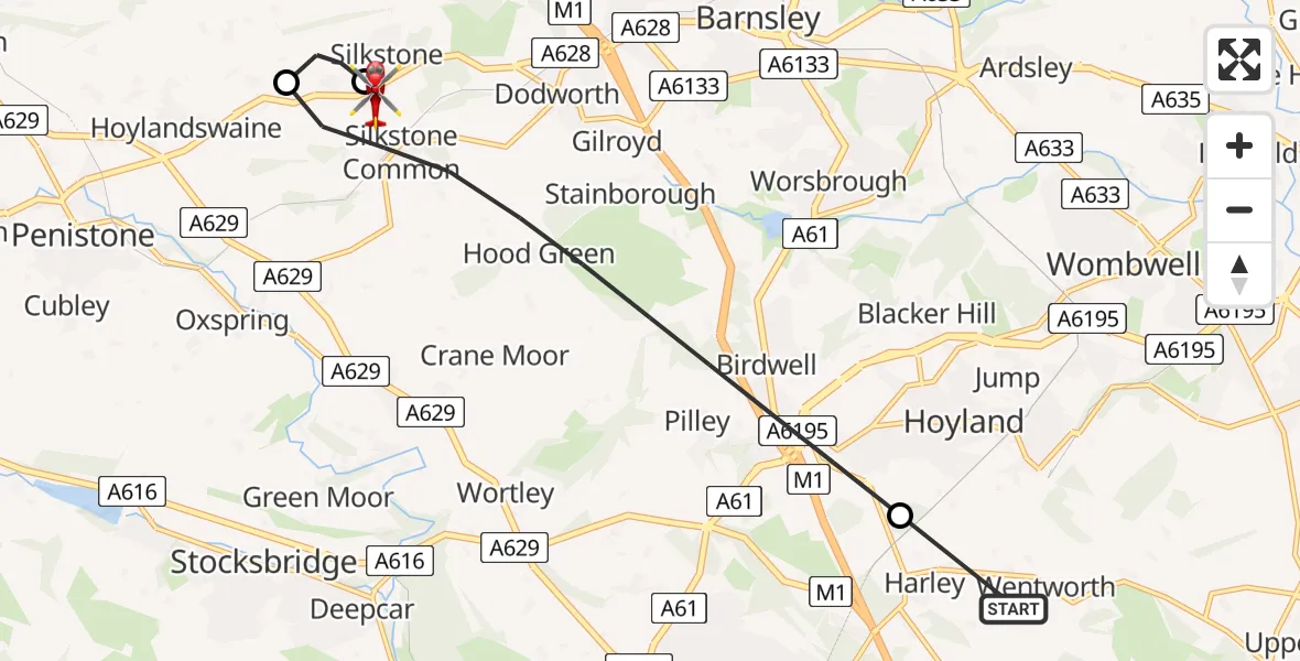 Flight path map showing Air Ambulance Helicopter route from Wentworth Private Airstrip to Barnsley