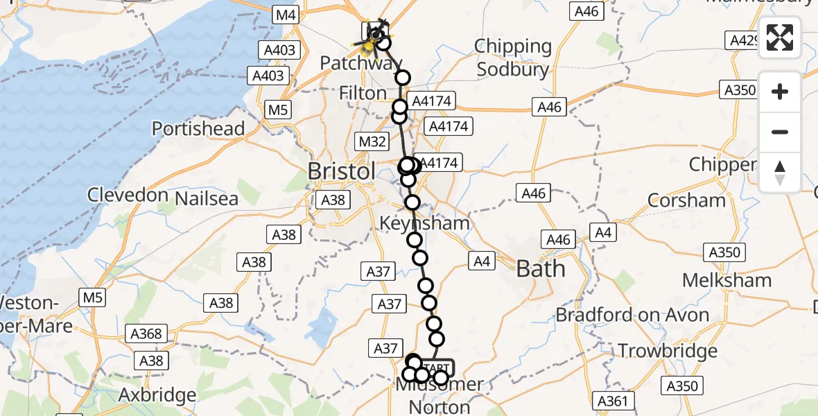 Flight path map showing Police Helicopter route from Paulton to Almondsbury Helicopter Base
