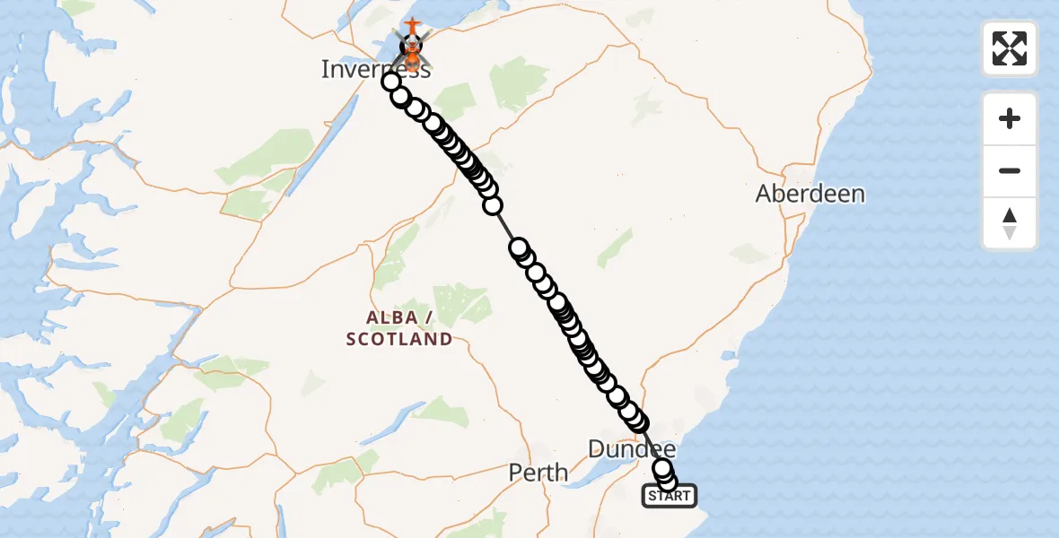 Flight path map showing Coastguard Helicopter route from St Andrews to Inverness Airport