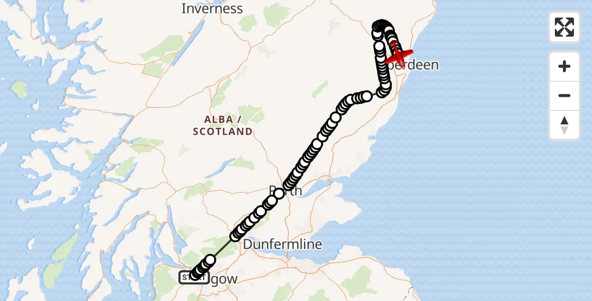 Flight path map showing Air Ambulance Aircraft route from Glasgow Airport to Aberdeen International Airport
