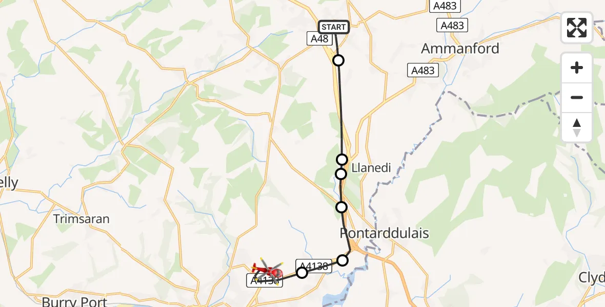 Flight path map showing Air Ambulance Helicopter route from Gorslas to Dafen