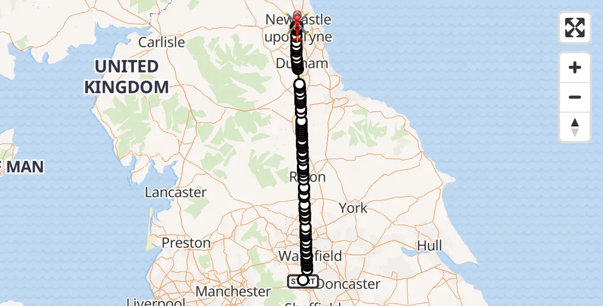 Flight path map showing Air Ambulance Helicopter route from Barnsley to Newcastle Royal Victoria Infirmary