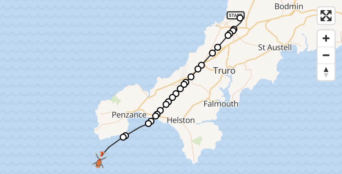 Flight path map showing Coastguard Helicopter route from Cornwall Airport Newquay to English Channel