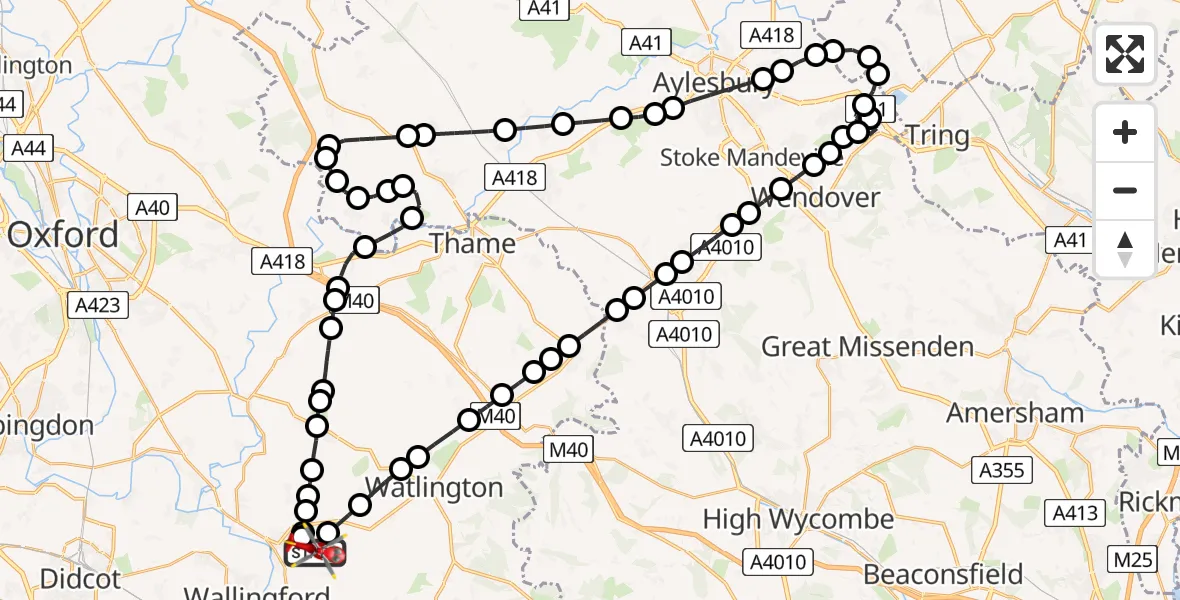 Flight path map showing Air Ambulance Helicopter route from RAF Benson to RAF Benson