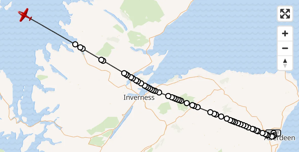Flight path map showing Air Ambulance Aircraft route from Aberdeen International Airport to Inner Seas