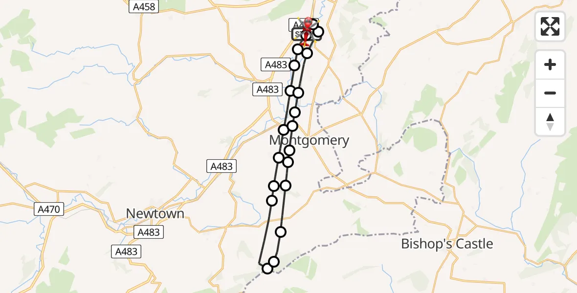 Flight path map showing Air Ambulance Helicopter route from Welshpool Airport to Welshpool Airport