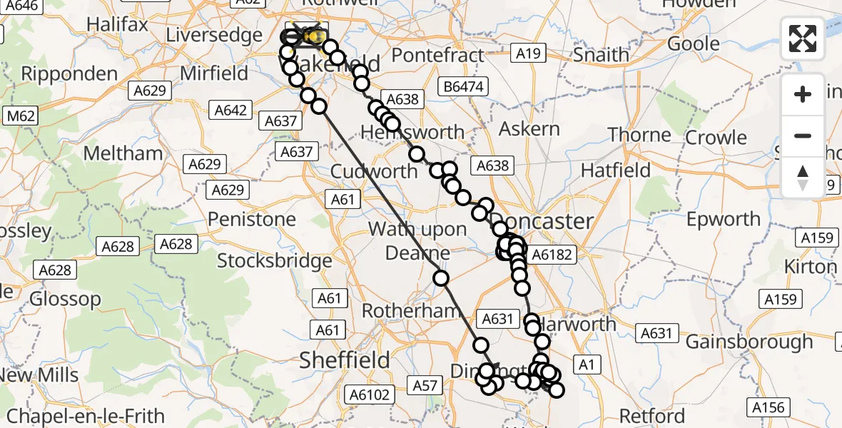 Flight path map showing Police Helicopter route from East Ardsley to East Ardsley