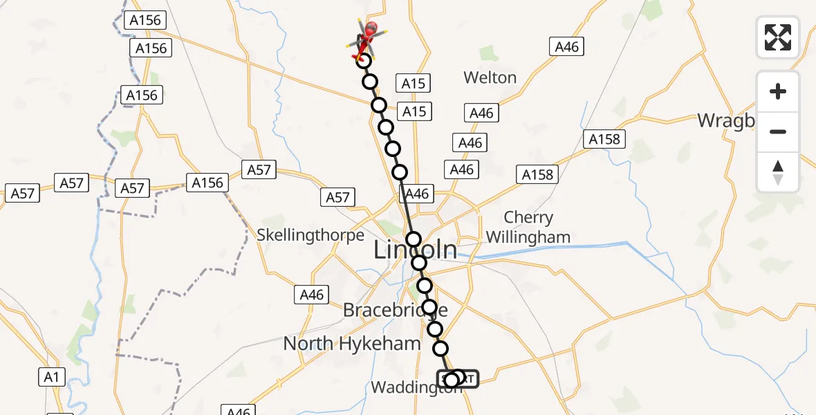 Flight path map showing Air Ambulance Helicopter route from RAF Waddington to West Lindsey