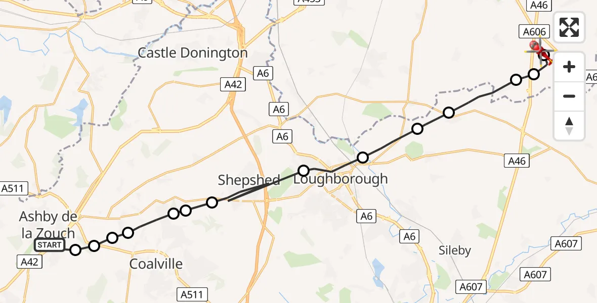 Flight path map showing Air Ambulance Helicopter route from Ashby-de-la-Zouch to Nottingham Heliport