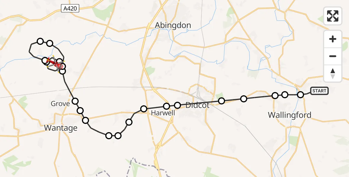 Flight path map showing Air Ambulance Helicopter route from RAF Benson to West Hanney