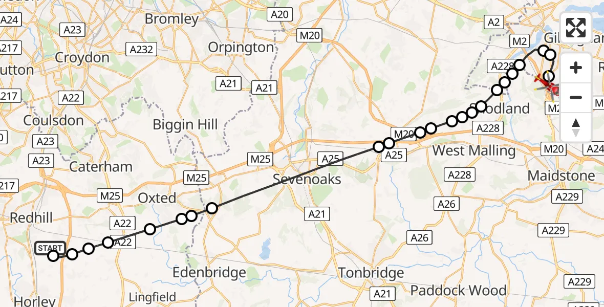 Flight path map showing Air Ambulance Helicopter route from Redhill Aerodrome to Rochester Airport