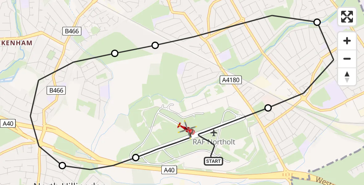 Flight path map showing Air Ambulance Helicopter route from RAF Northolt to RAF Northolt