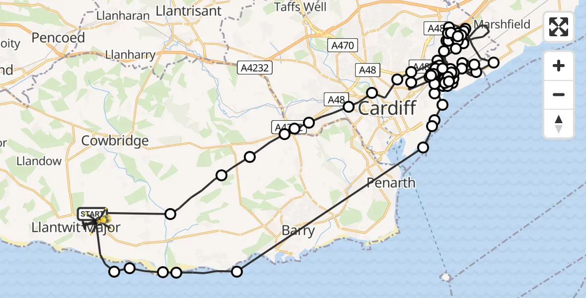 Flight path map showing Police Helicopter route from Llanmaes to Boverton