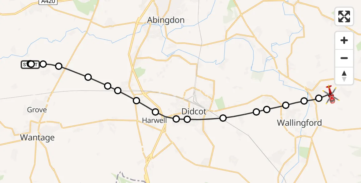 Flight path map showing Air Ambulance Helicopter route from Lyford to RAF Benson
