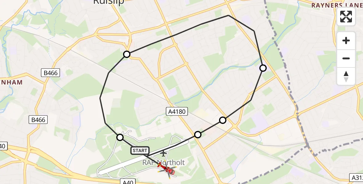 Flight path map showing Air Ambulance Helicopter route from RAF Northolt to RAF Northolt