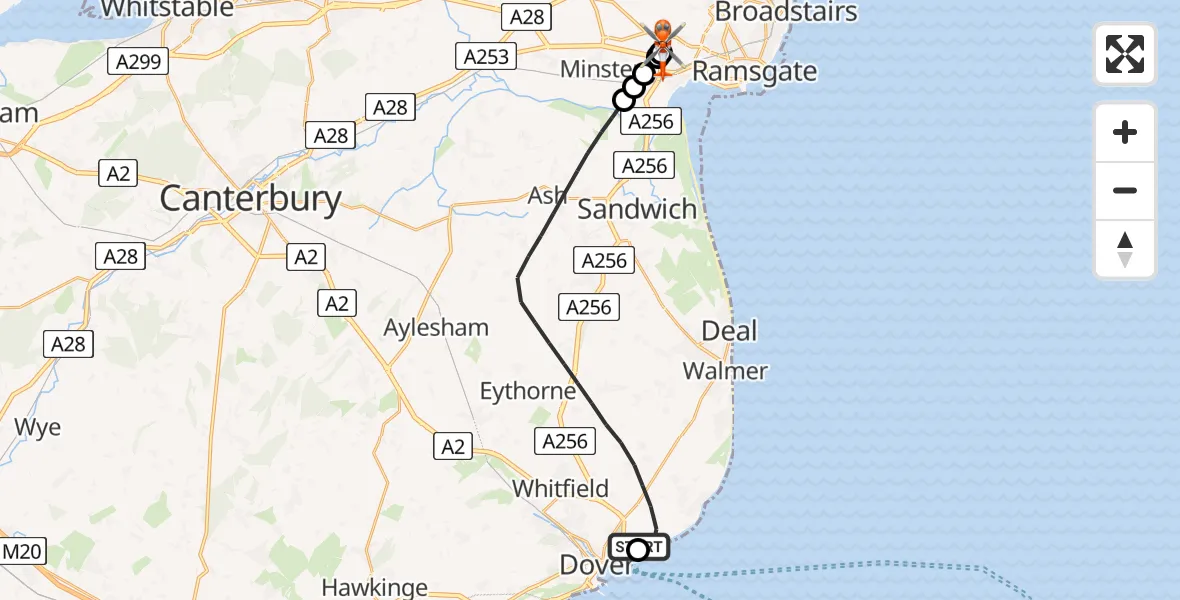 Flight path map showing Coastguard Helicopter route from Langdon Battery Heliport to Manston Airport
