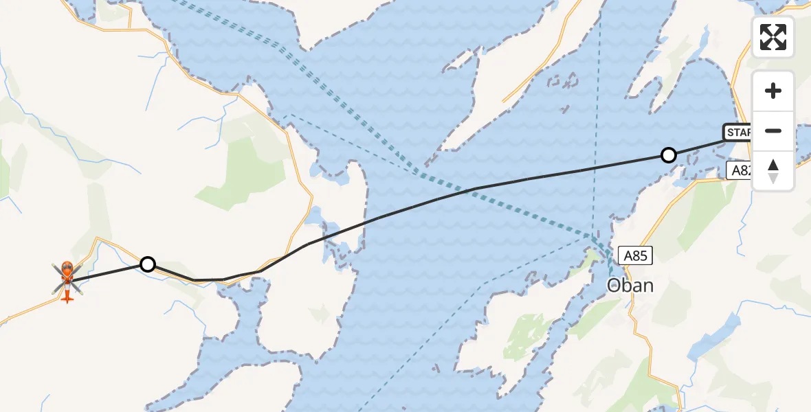 Flight path map showing Coastguard Helicopter route from Oban Airport to Argyll and Bute