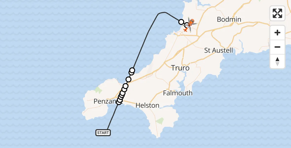 Flight path map showing Coastguard Helicopter route from English Channel to Cornwall Airport Newquay