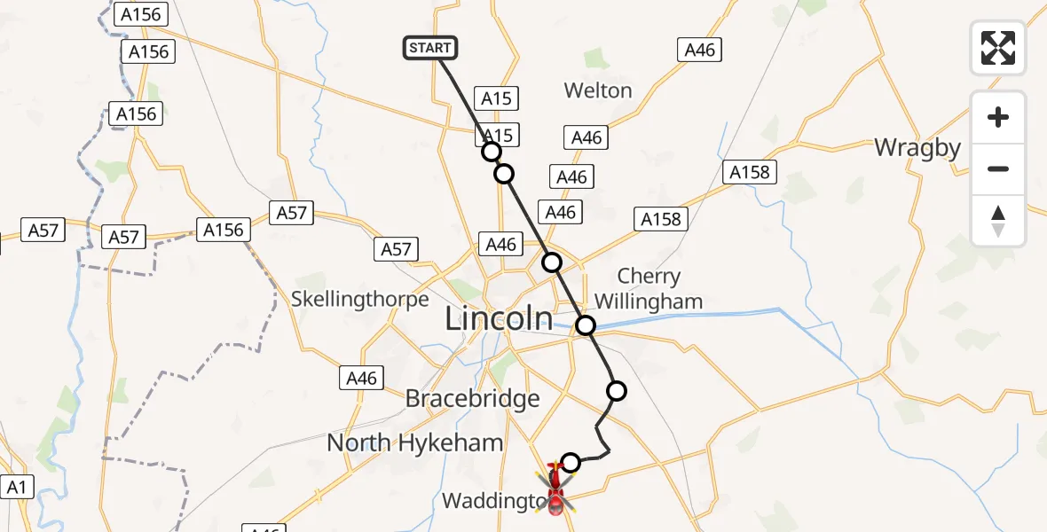 Flight path map showing Air Ambulance Helicopter route from West Lindsey to North Kesteven